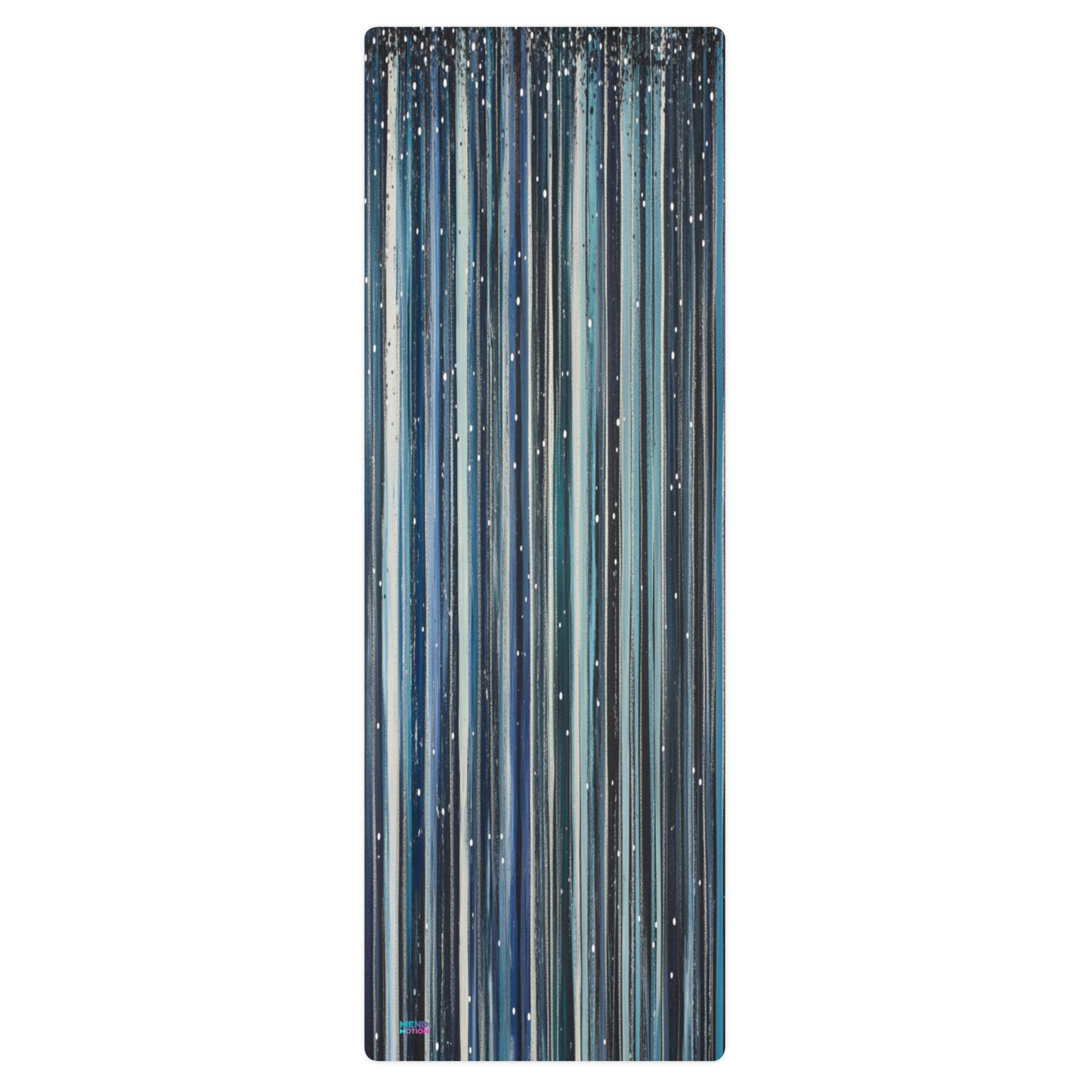 A full view of a yoga mat featuring a blue and black vertical streaked design with delicate white speckles for a calming aesthetic