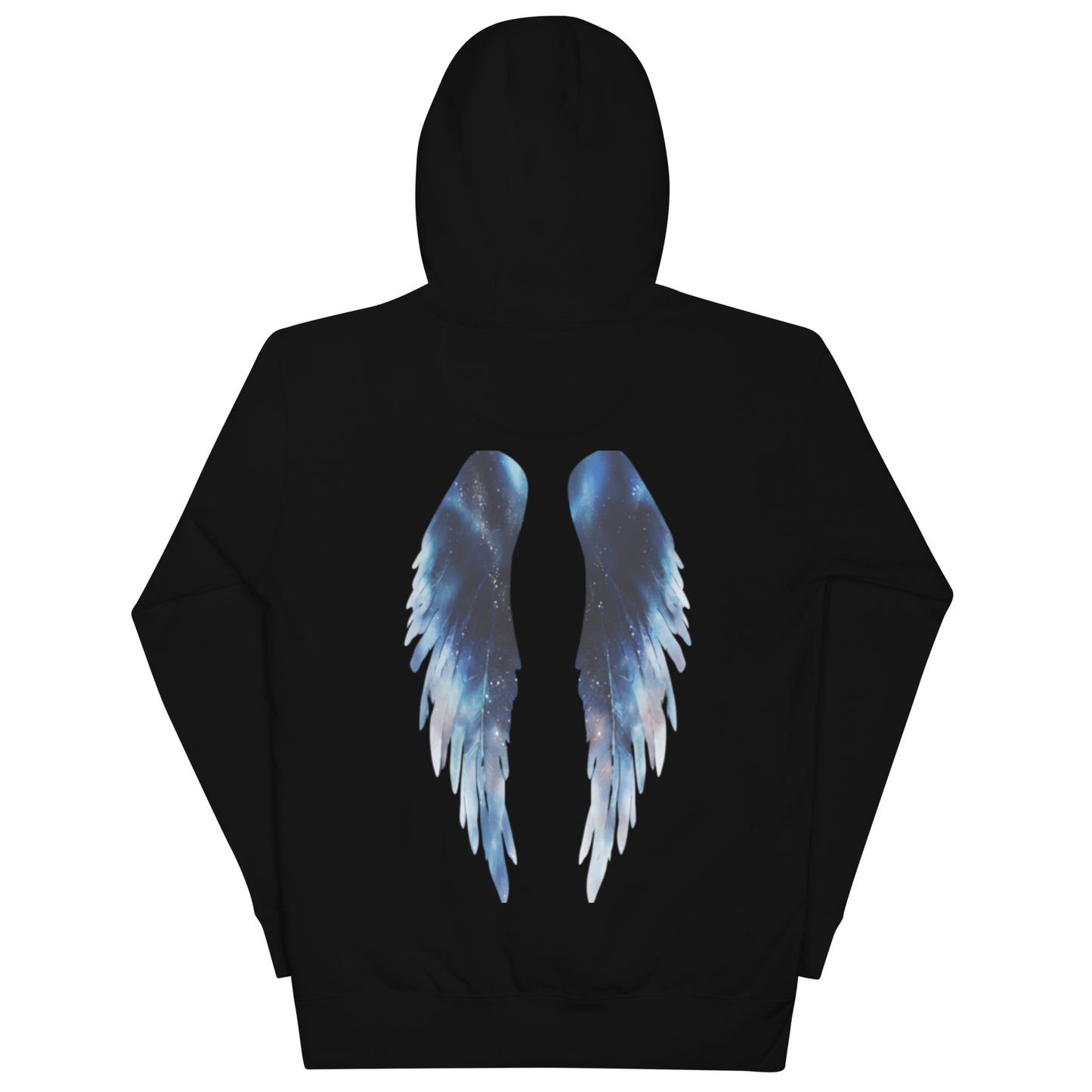 Back view of the Galaxy Wings Hoodie in black. Show off the detailed cosmic wing design in this soft, stylish, and versatile hoodie