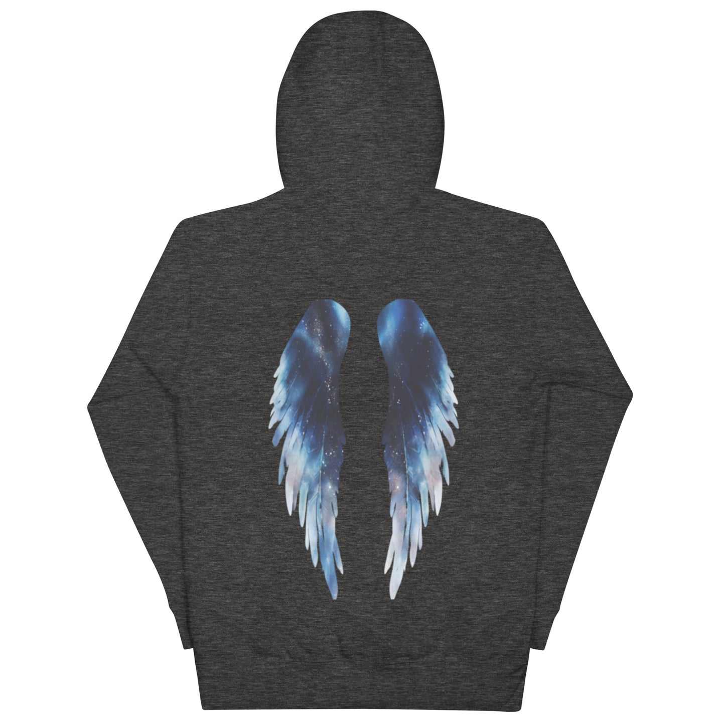 Galaxy Wings Hoodie in Charcoal Heather. Experience comfort and elegance with a bold cosmic wing print that stands out in any crowd