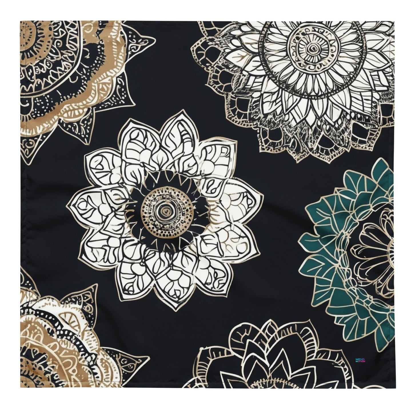 Black bandana featuring intricate golden and white mandala designs