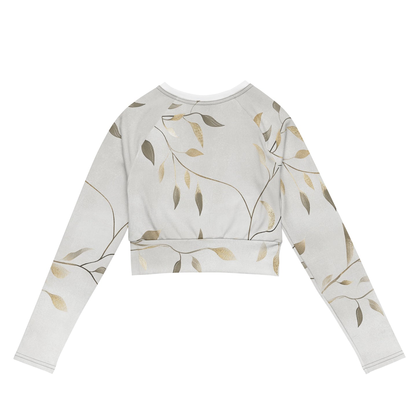 Back view of a long-sleeve recycled crop top featuring a minimalist green and gold leaf design on a light beige fabric