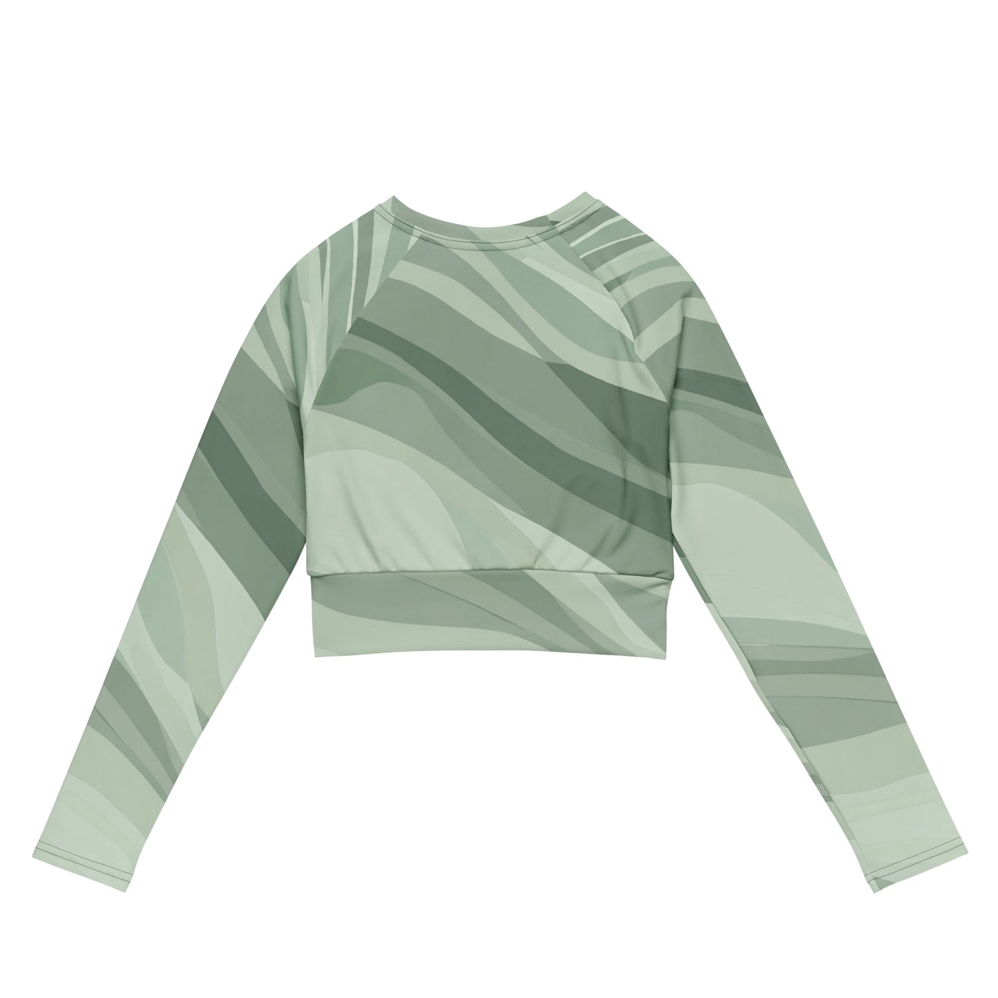 Back view of a green long sleeve crop top with abstract wave pattern design.