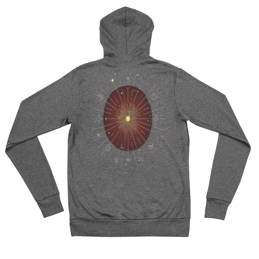 Grey zip hoodie showcasing a sunburst design with a yellow center, red halo, and surrounding symbols.