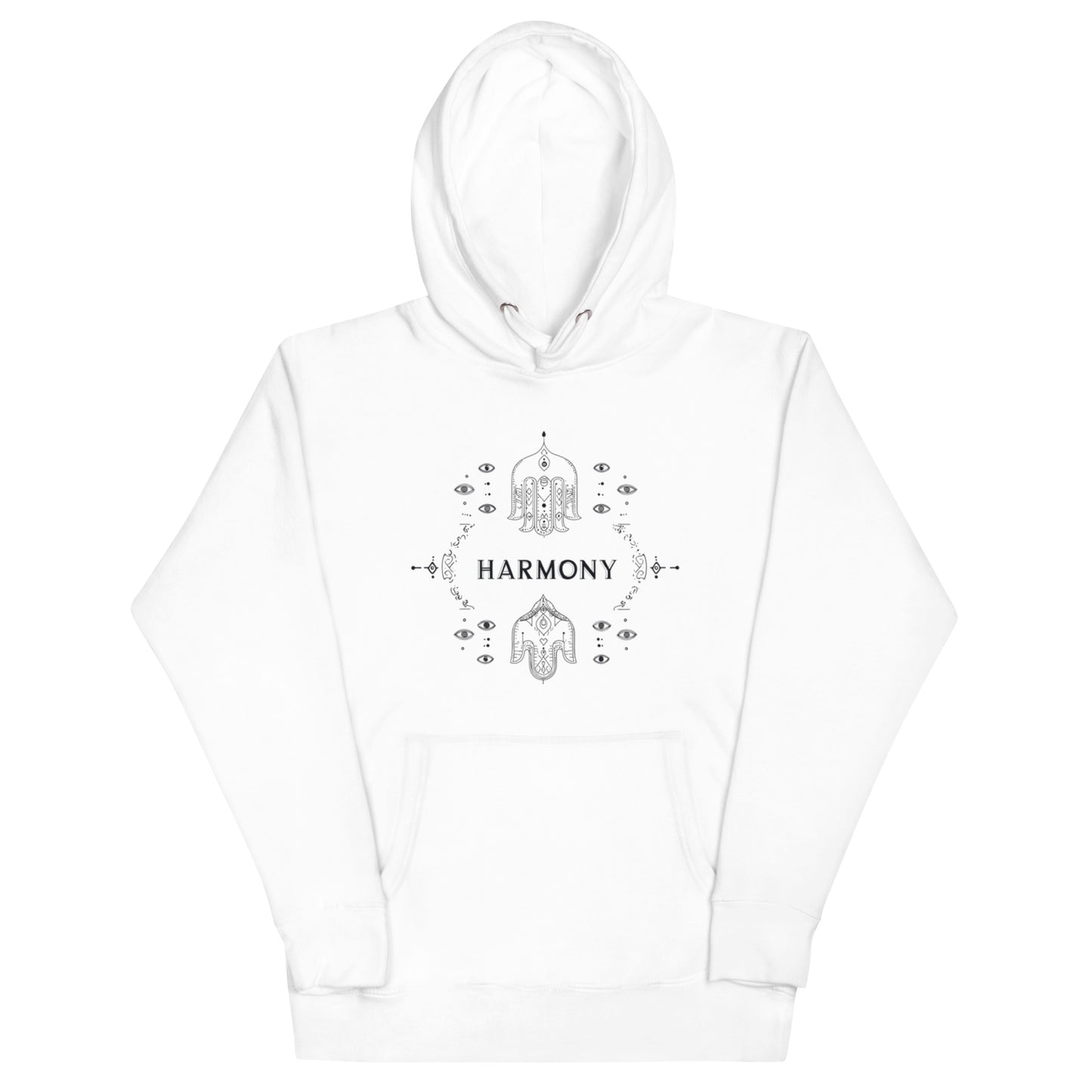 White hoodie adorned with a clean and elegant 'Harmony' graphic, highlighting Hamsa elements and detailed artwork
