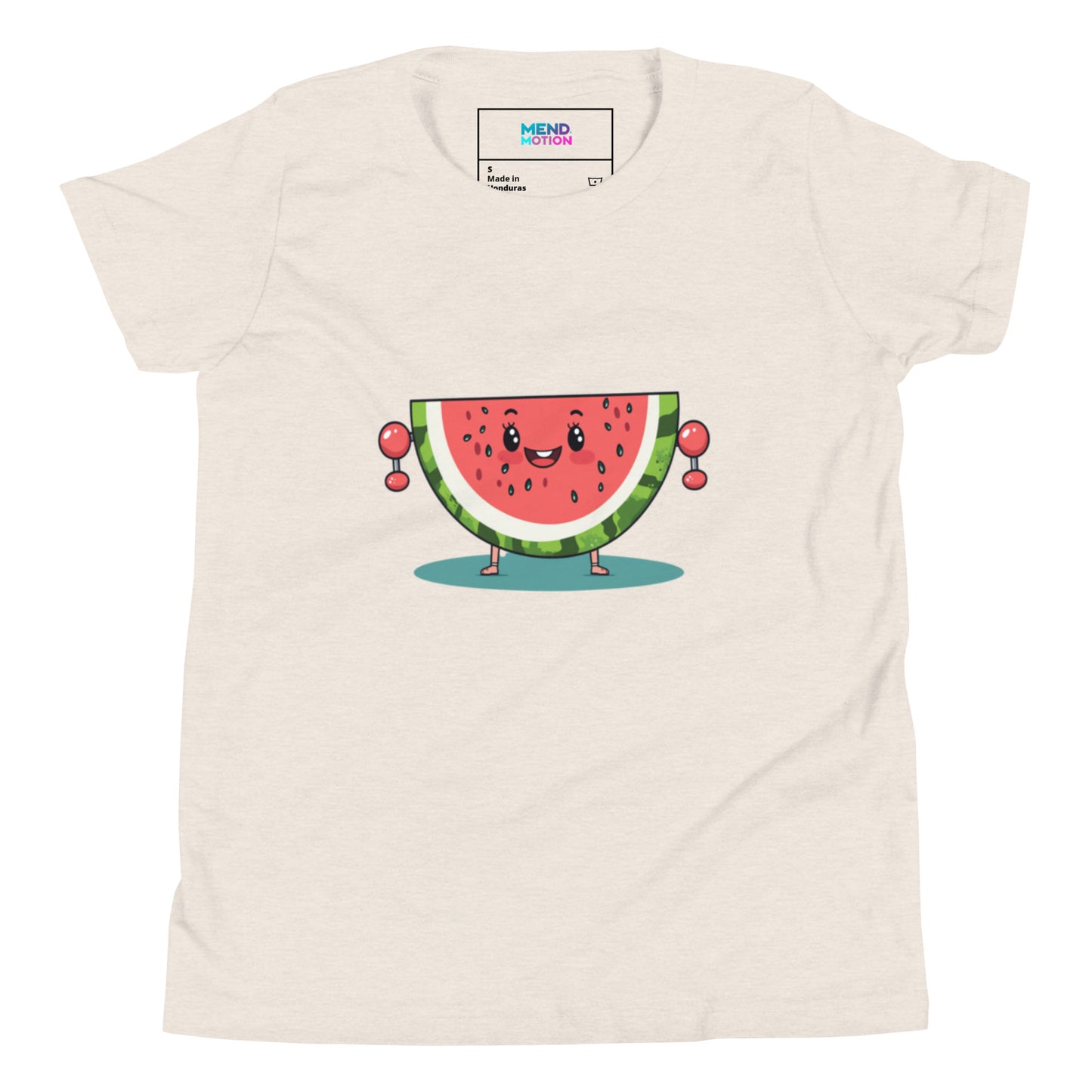 Soft heather dust-colored youth t-shirt with a cheerful watermelon lifting weights, perfect for a casual look