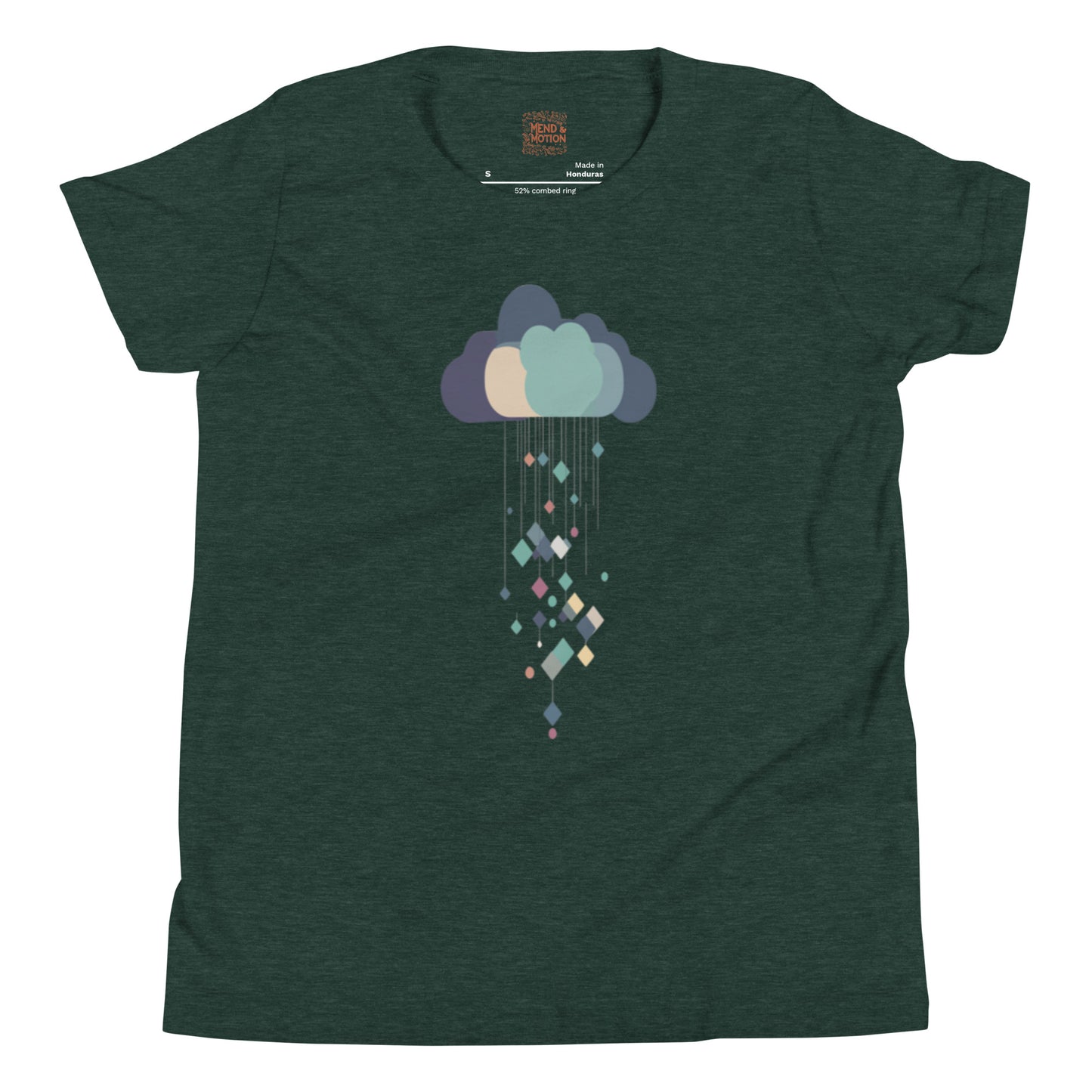Heather forest youth t-shirt with a pastel cloud and cascading geometric shapes, adding a modern touch.