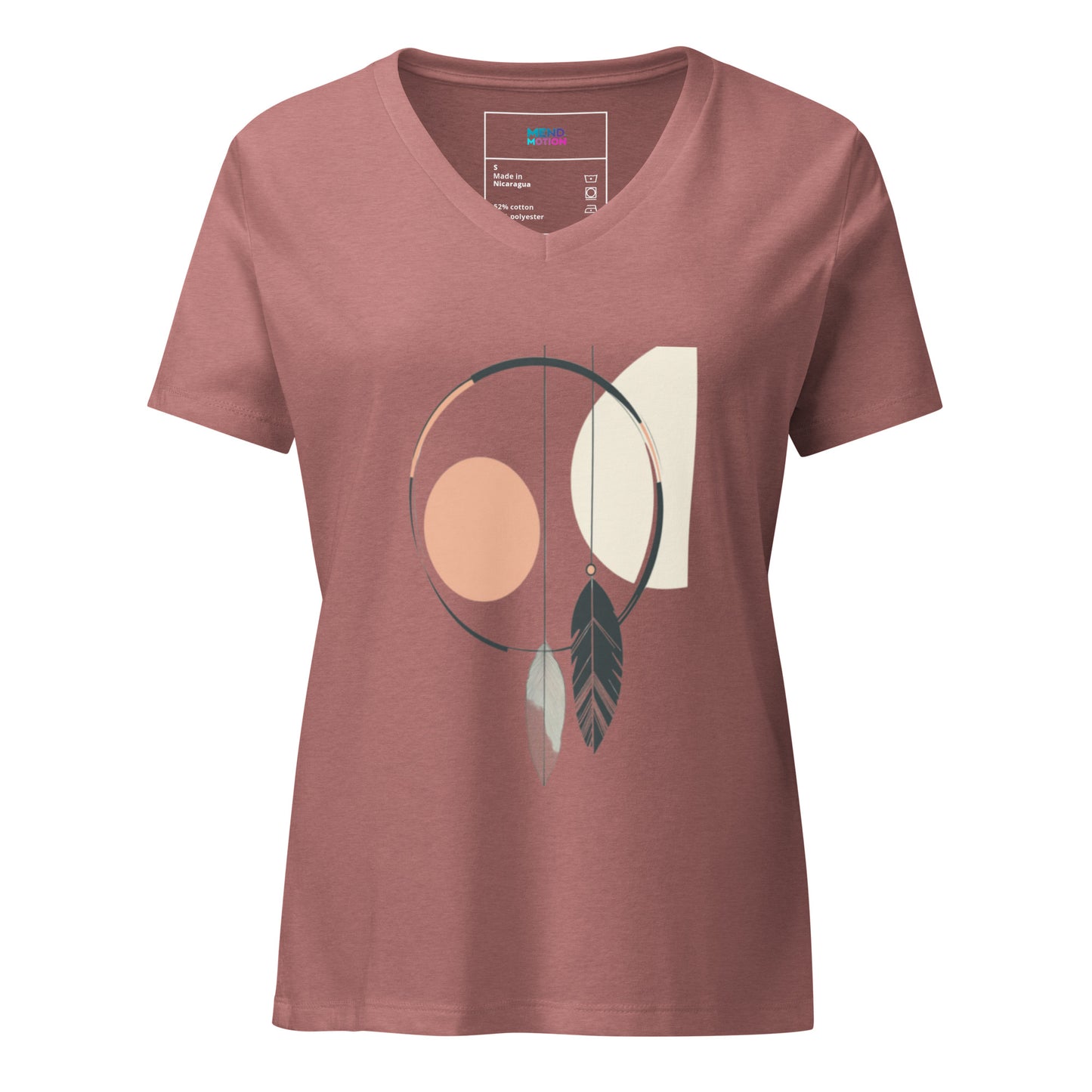 Women's heather mauve V-neck T-shirt with a minimalistic dreamcatcher-inspired graphic design