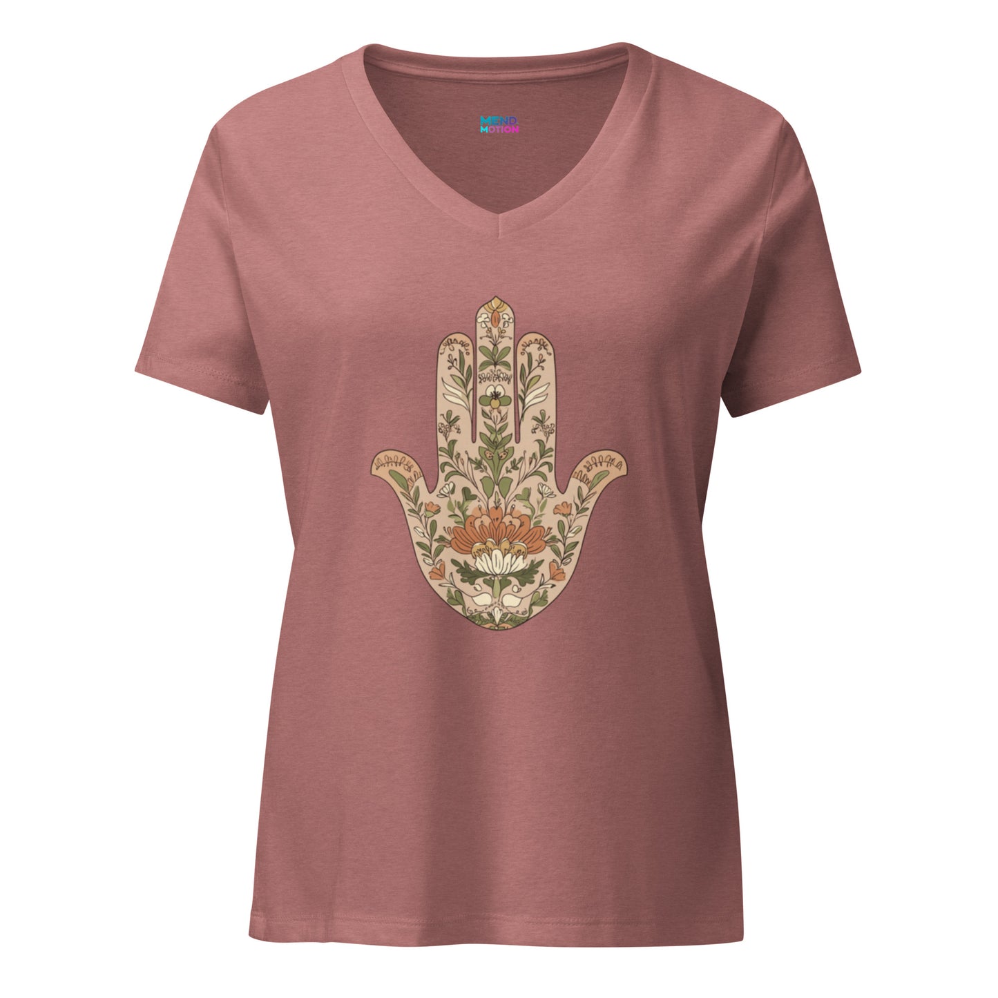 Heather mauve V-neck T-shirt featuring a sophisticated floral Hamsa hand design. Relaxed fit for effortless elegance and comfort.