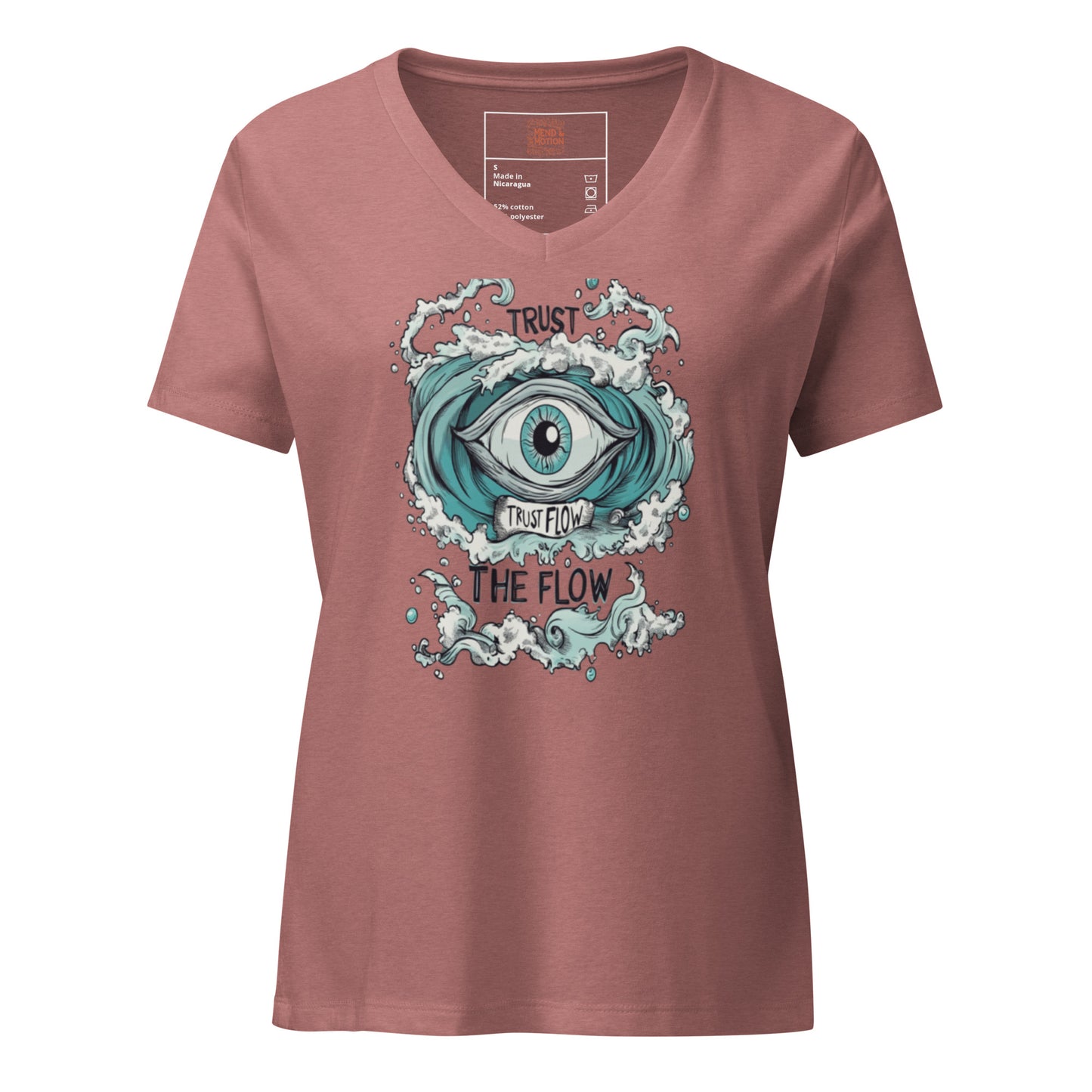 Heather Mauve V-Neck T-Shirt displaying "Trust the Flow" with blue waves and an eye.