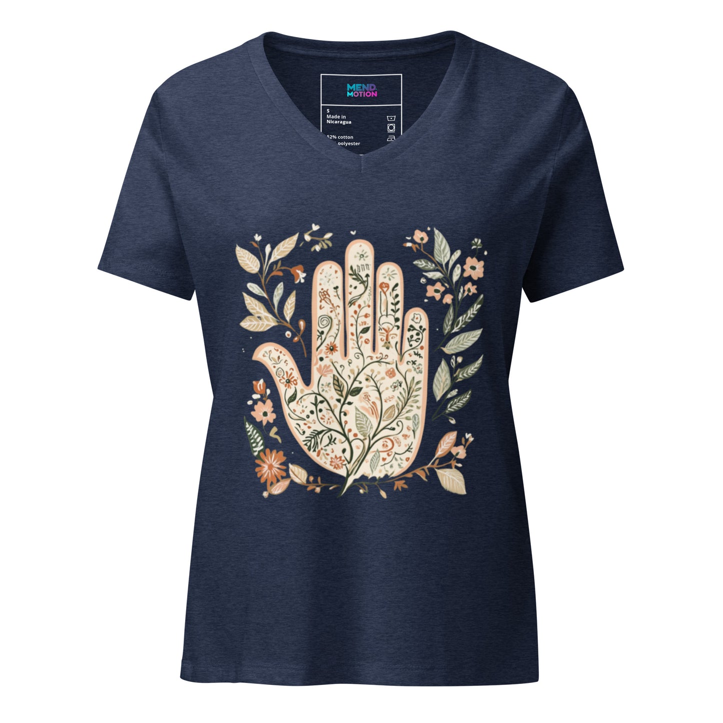 Heather navy women's V-neck t-shirt featuring a detailed floral Hamsa design