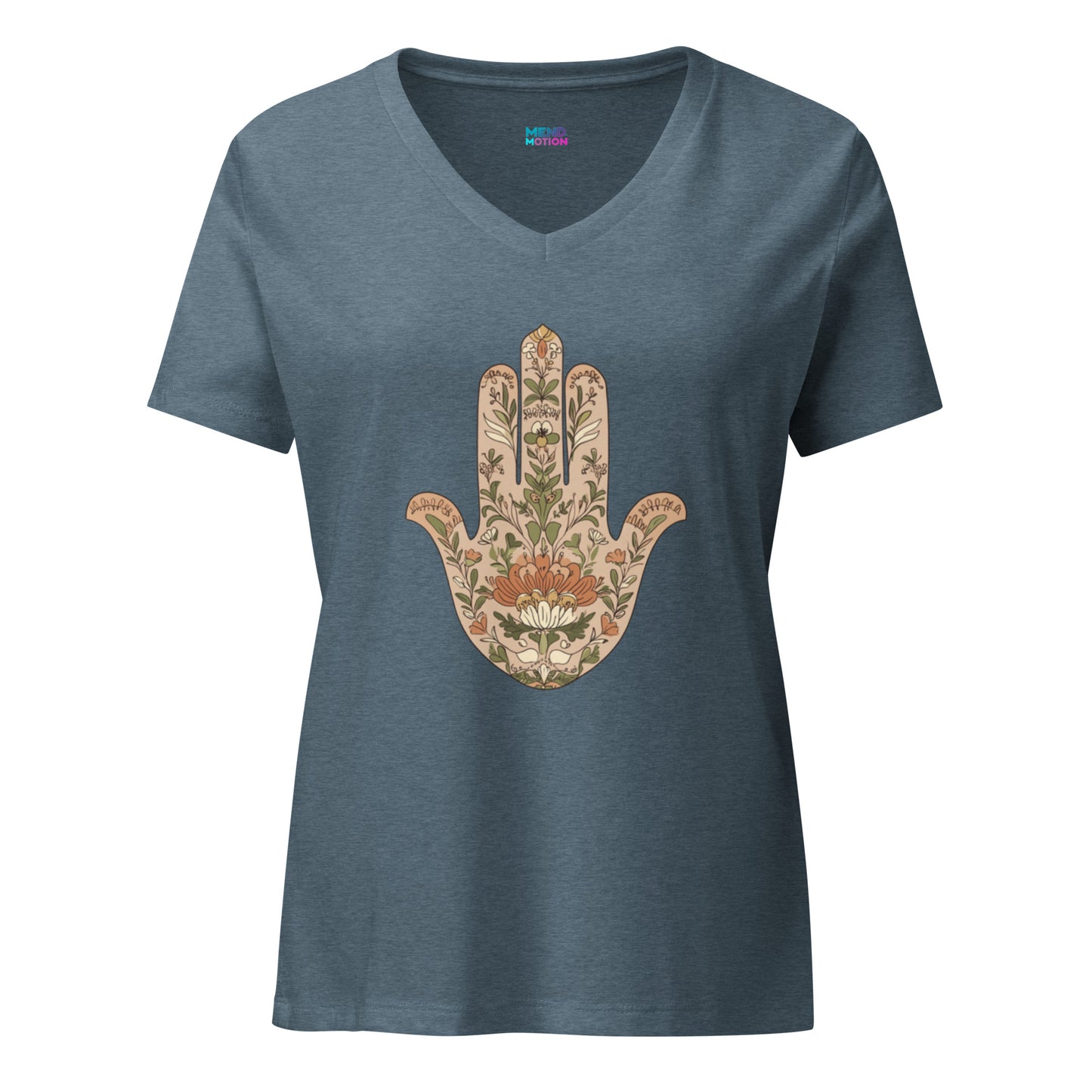 Heather slate V-neck T-shirt showcasing a detailed floral Hamsa hand design, combining mindfulness and style. Soft fabric for casual comfort.
