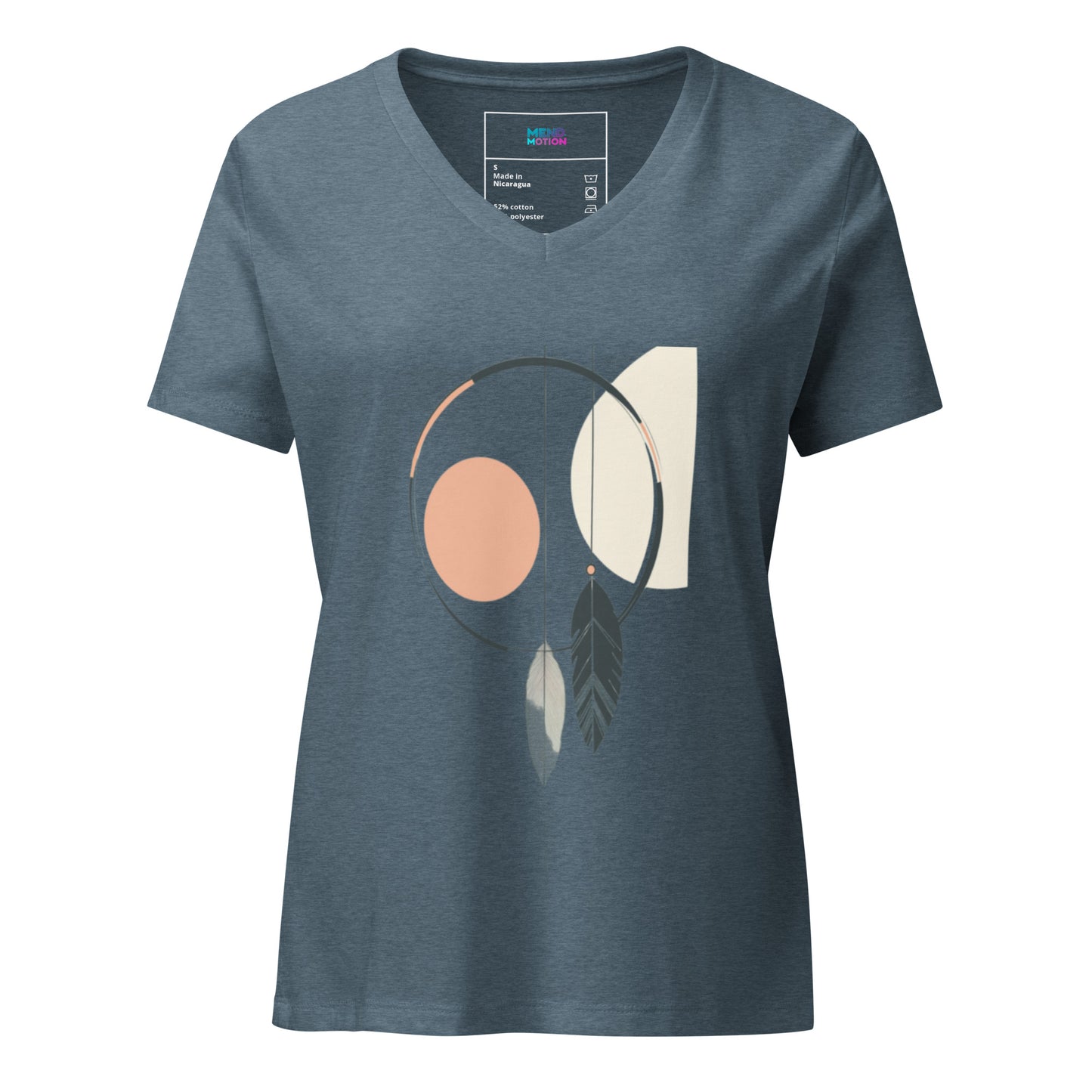 Women's heather slate V-neck T-shirt decorated with a geometric dreamcatcher-inspired pattern