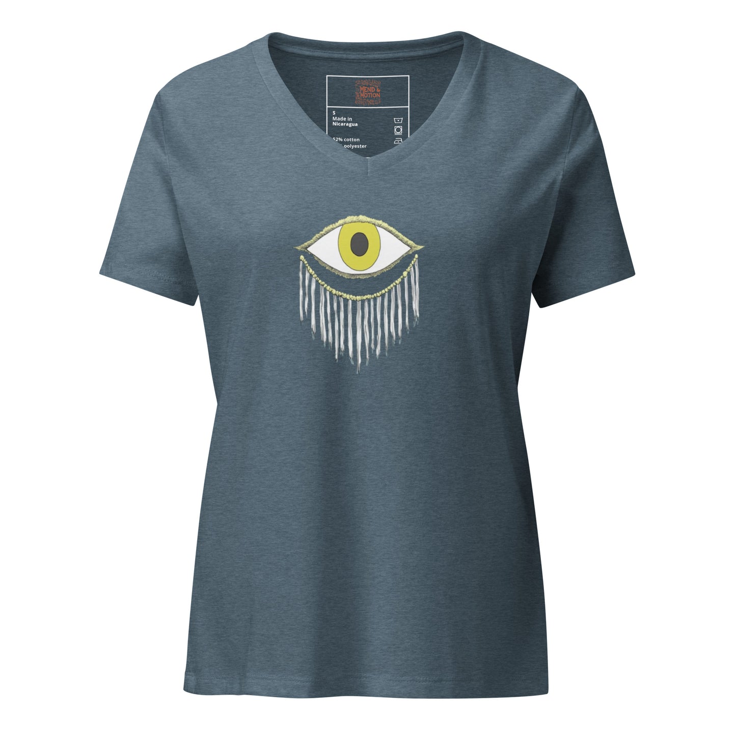 Heather slate women's relaxed v-neck t-shirt featuring a bohemian eye illustration