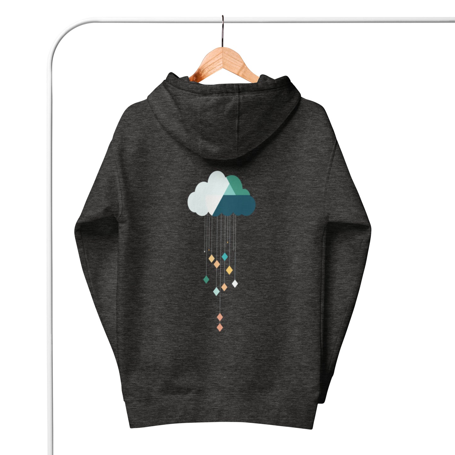 Heathered hoodie showcasing geometric cloud and diamond shapes.