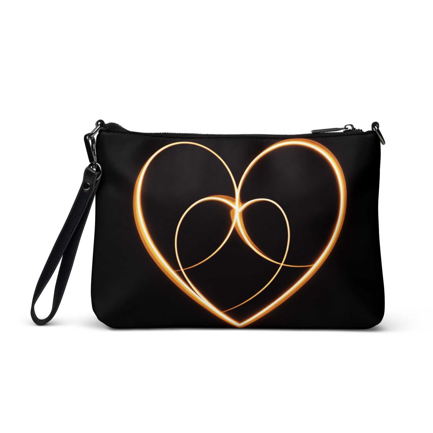 Front view of a black crossbody bag featuring a glowing intertwined heart design