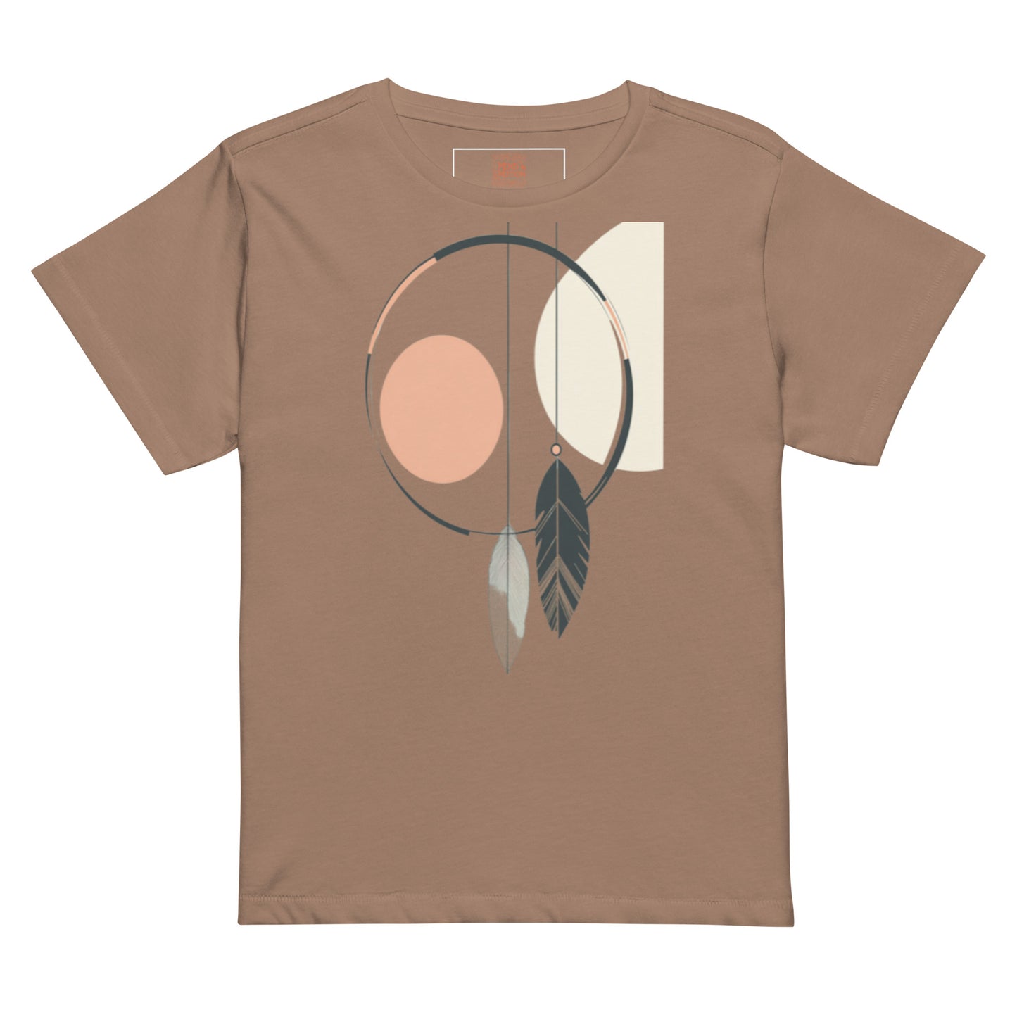 Latte-colored tee showcasing a minimalist dreamcatcher graphic with feathers.