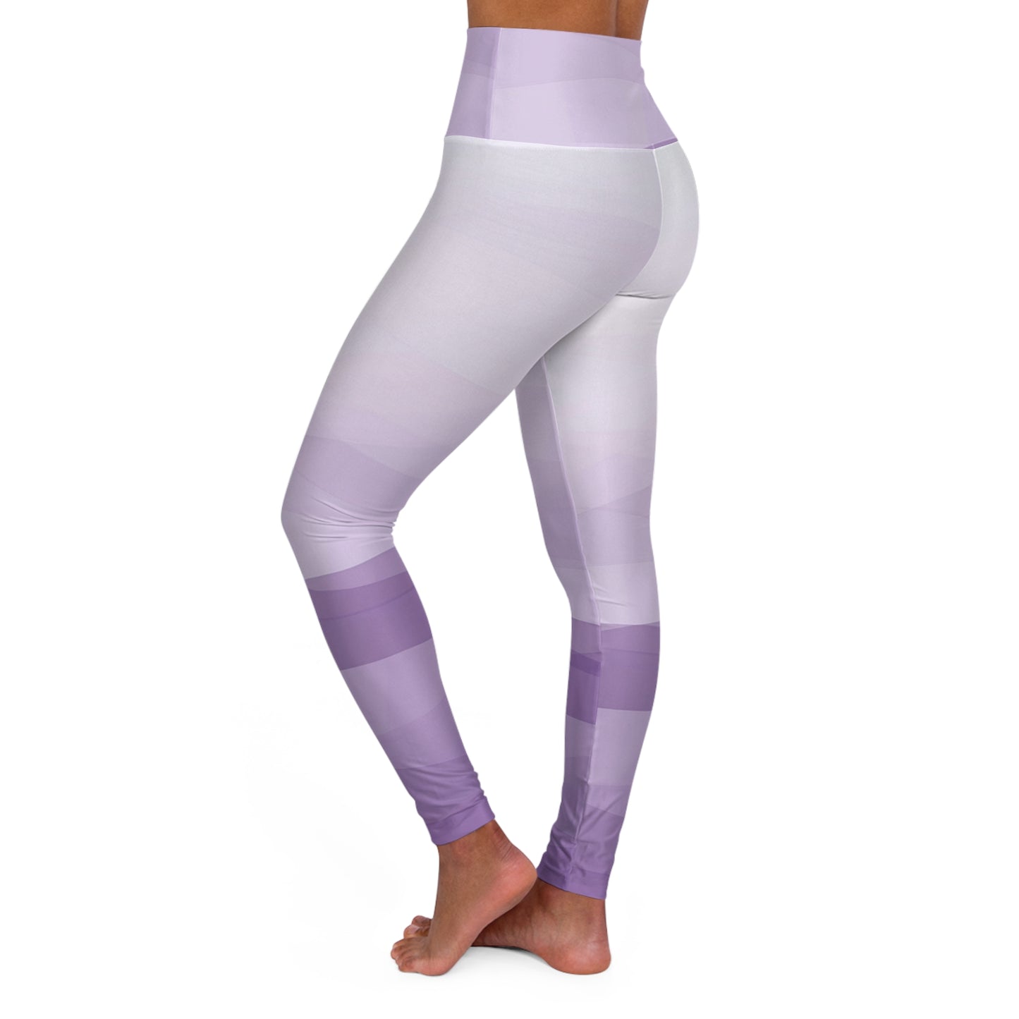 Alternate side view of lavender and white gradient leggings with modern color-block styling
