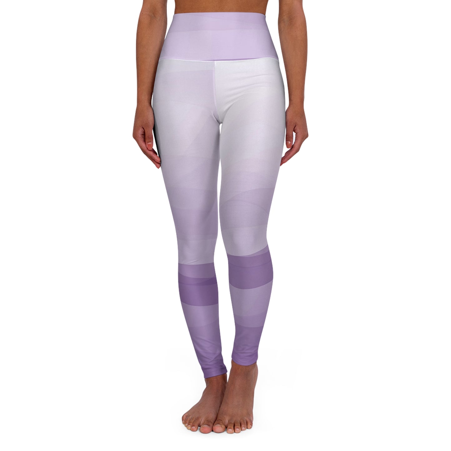 Front view of lavender and white gradient high-waisted leggings, offering a sleek and elegant fit