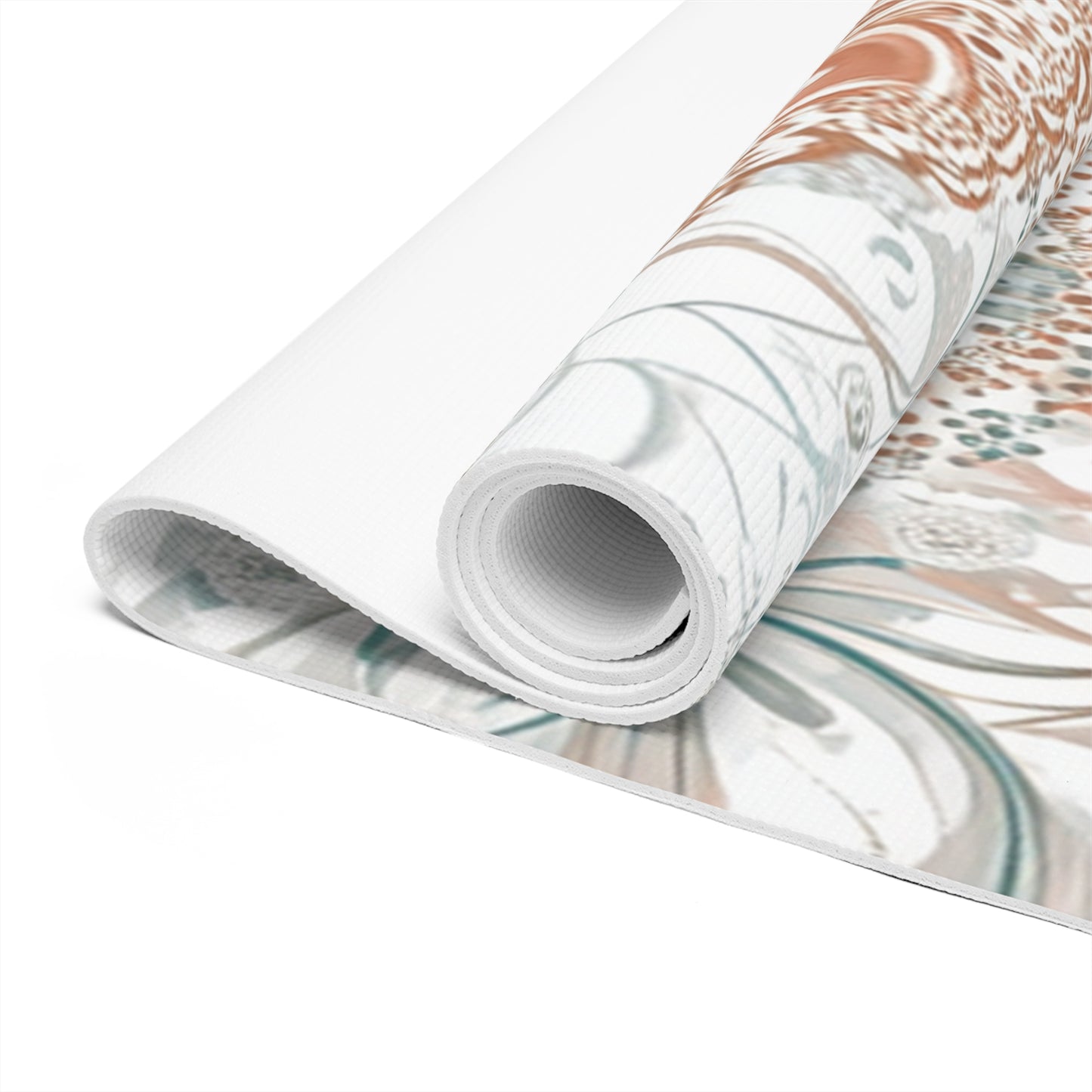 Close-up of a yoga mat's detailed mandala design with intricate patterns