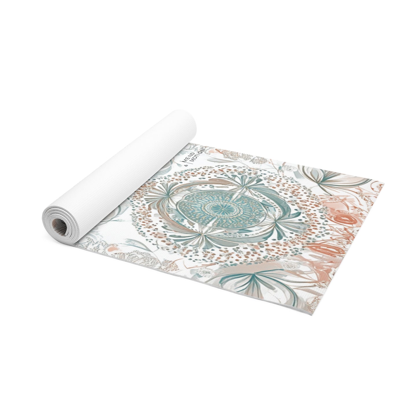 Rolled yoga mat showcasing a mandala design in teal and beige on a white background