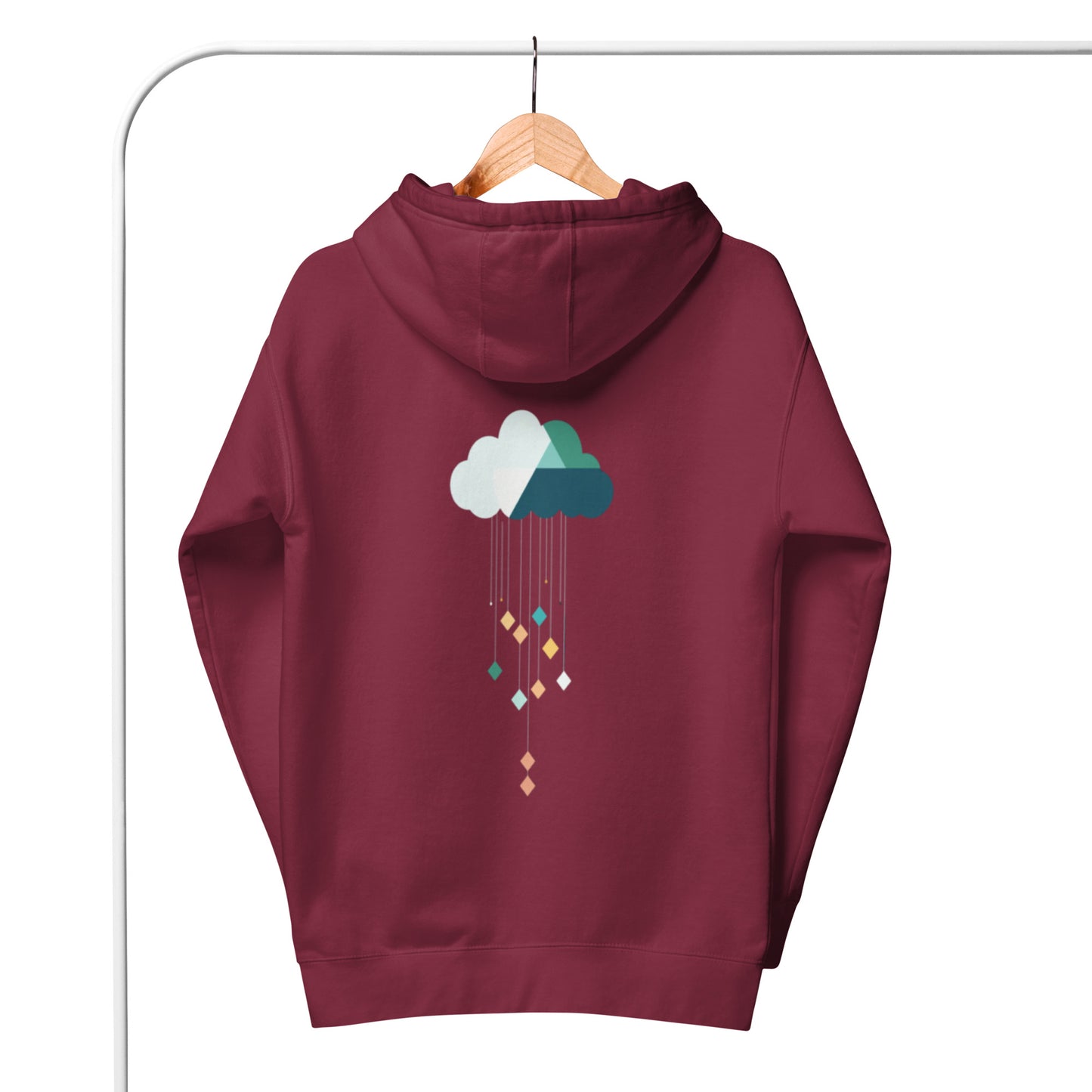 Maroon hoodie with geometric cloud design and colorful accents.