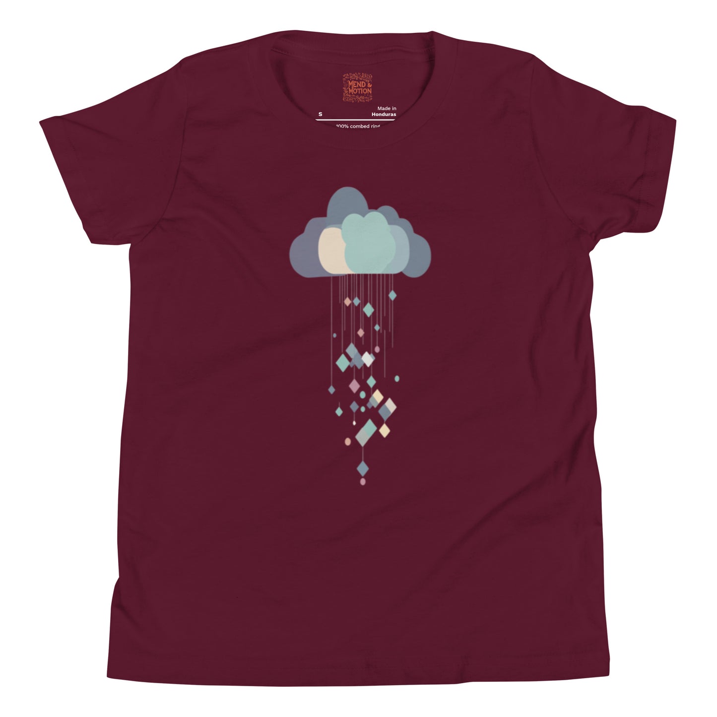 Maroon youth t-shirt with a pastel cloud and cascading geometric shapes for a unique look.