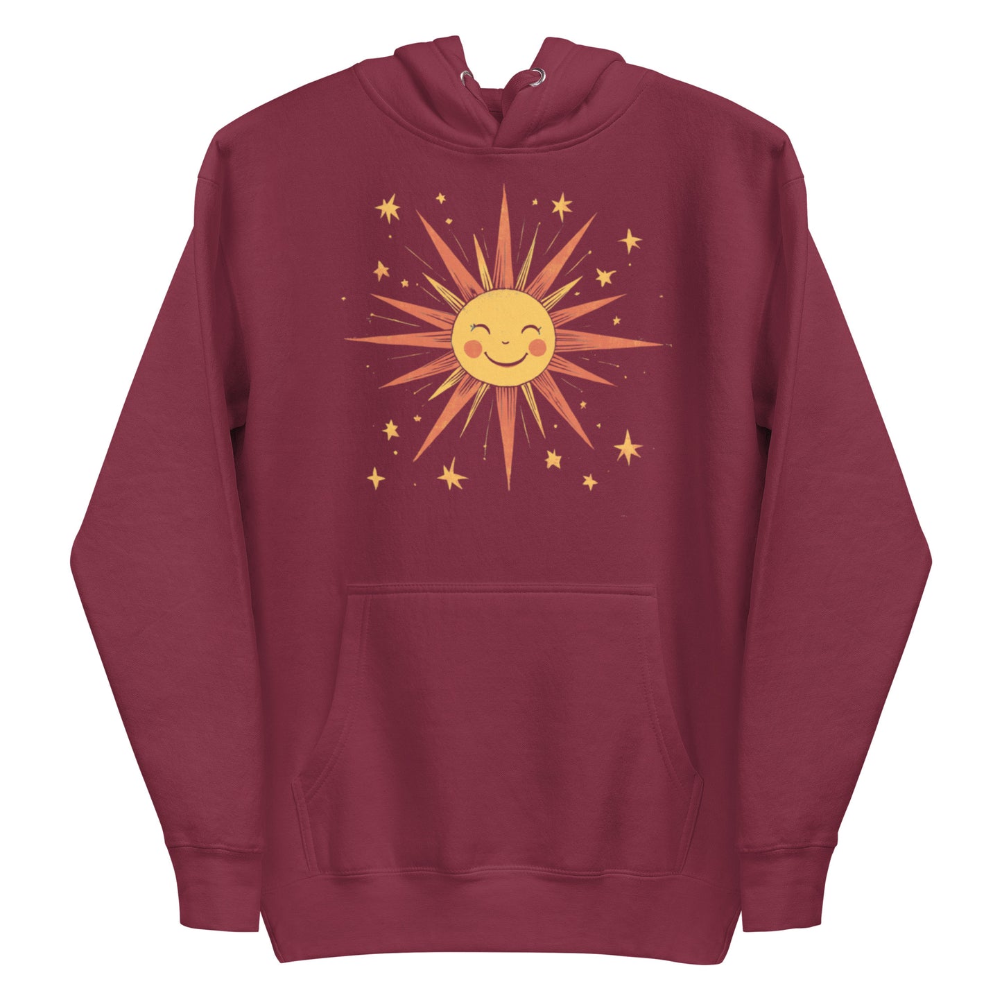 Maroon hoodie featuring a smiling sun and stars design.
