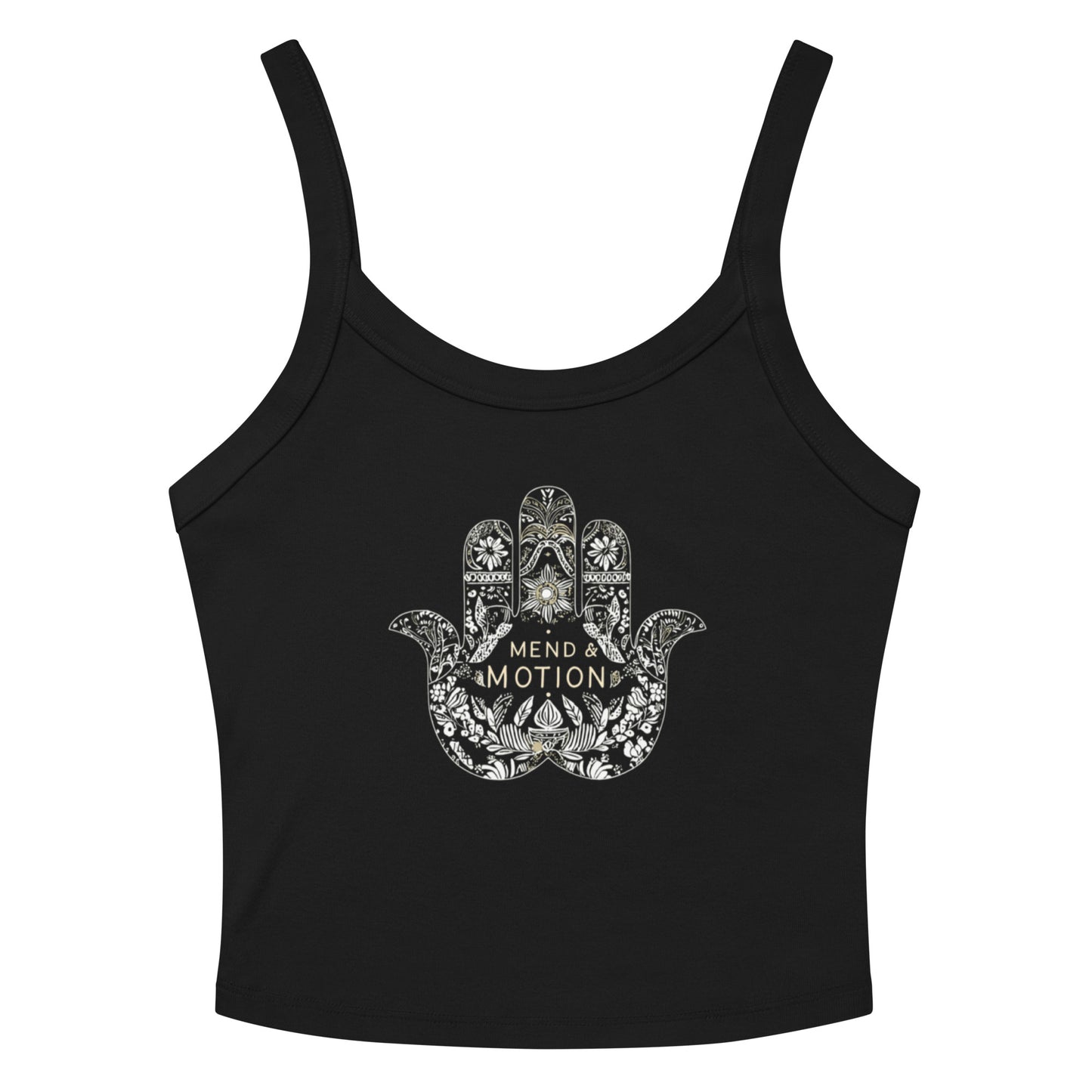 Black tank top featuring an intricate white Hamsa design with "Mend & Motion" text, ideal for casual wear or layering