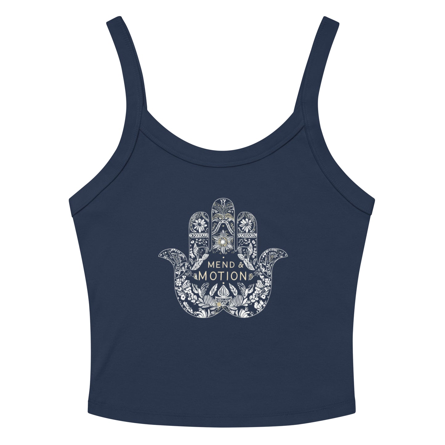 Navy tank top with a white Hamsa design and "Mend & Motion" text, perfect for a stylish and comfortable look