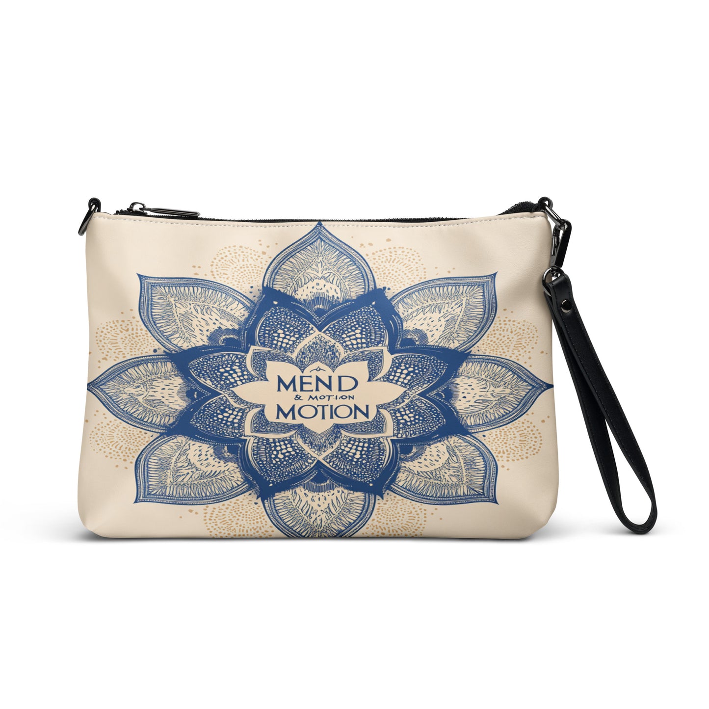 Elegant beige crossbody bag with a blue lotus mandala design and Mend & Motion logo, perfect for everyday or mindful accessorizing