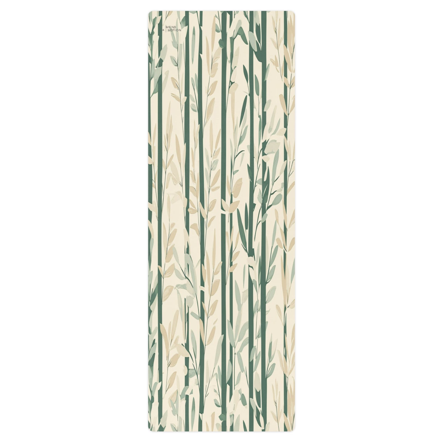 Full view of a yoga mat featuring an elegant bamboo design in green and beige tones on a cream background