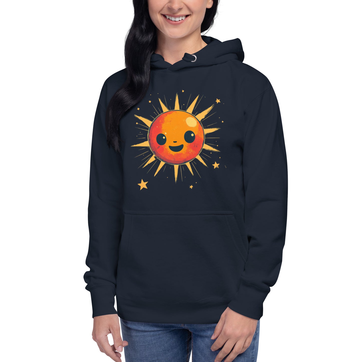 Unisex navy blazer hoodie featuring a cute smiling sun design, perfect for cozy, cheerful, and stylish casual wear