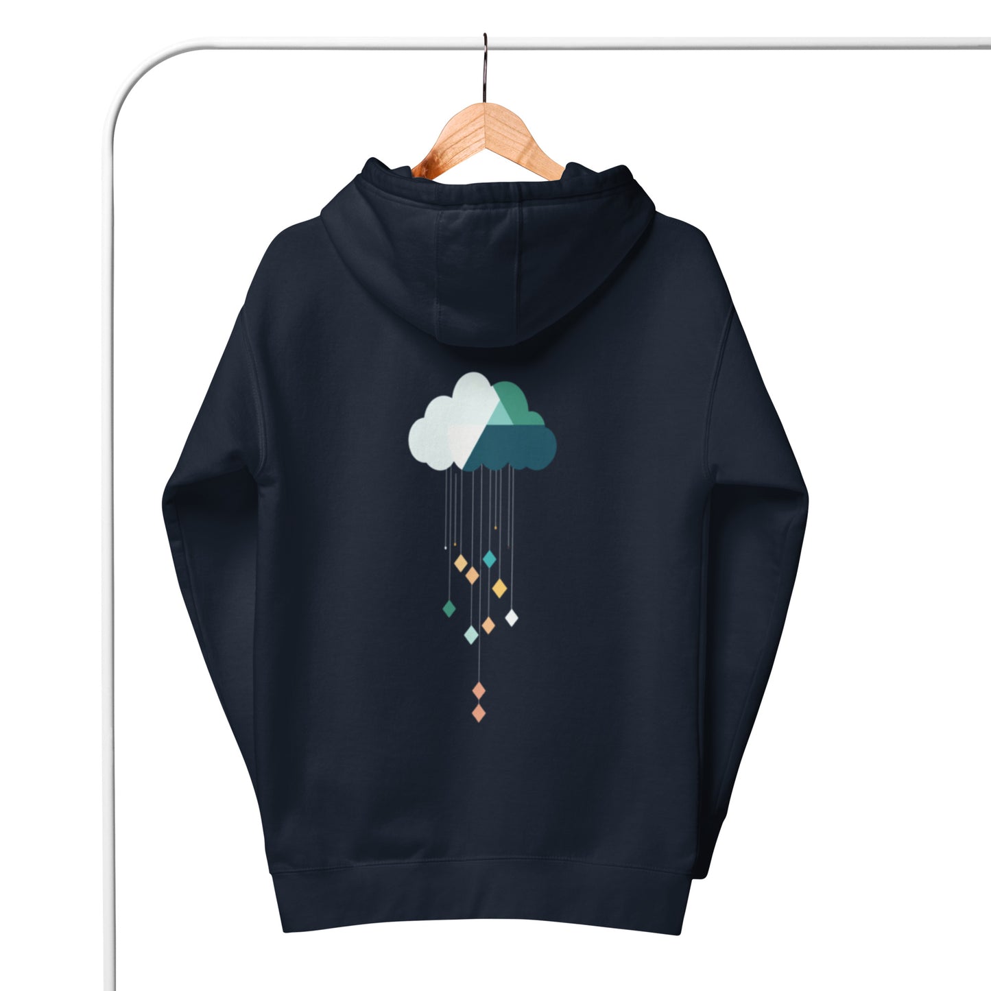 Navy hoodie with cloud and falling diamond pattern hanging on display.