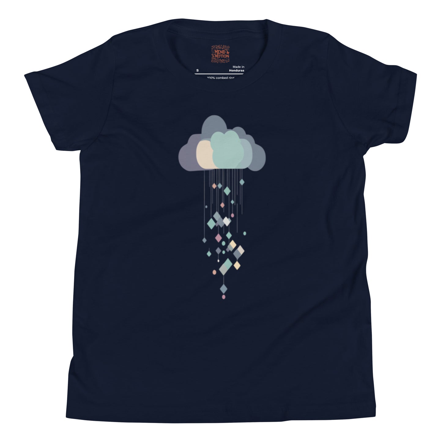 Navy youth t-shirt featuring a minimalist pastel cloud with falling geometric shapes.