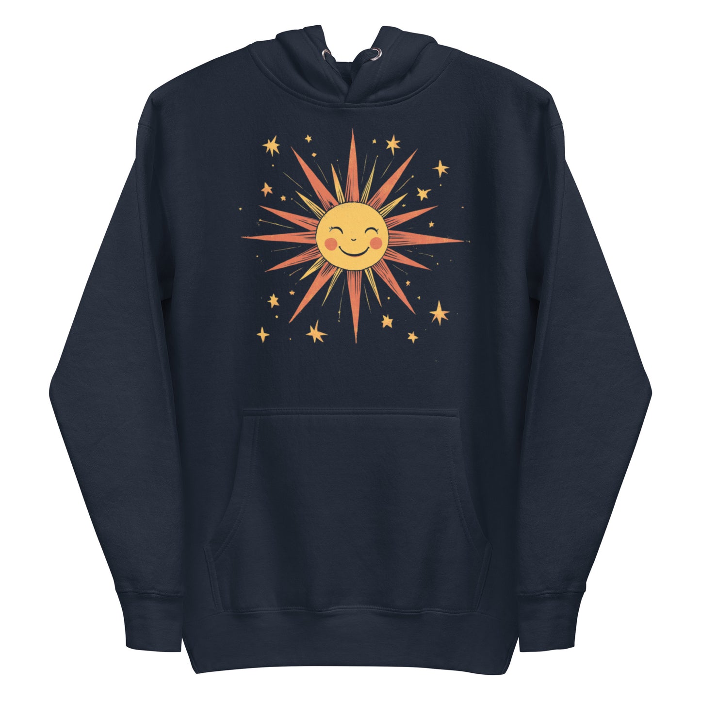 Navy blazer hoodie with yellow sun and stars print.