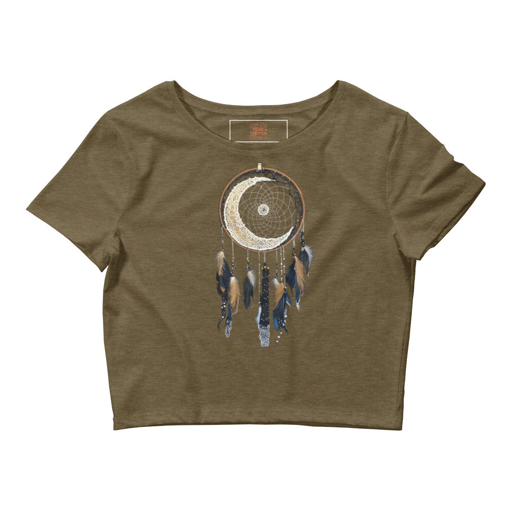 Olive crop tee with a dreamcatcher design featuring moon and feather details.