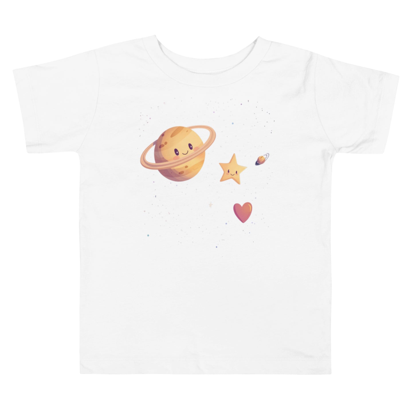 A pink toddler T-shirt decorated with a delightful space design, including a smiling Saturn, a cheerful star, a heart, and twinkling stars.