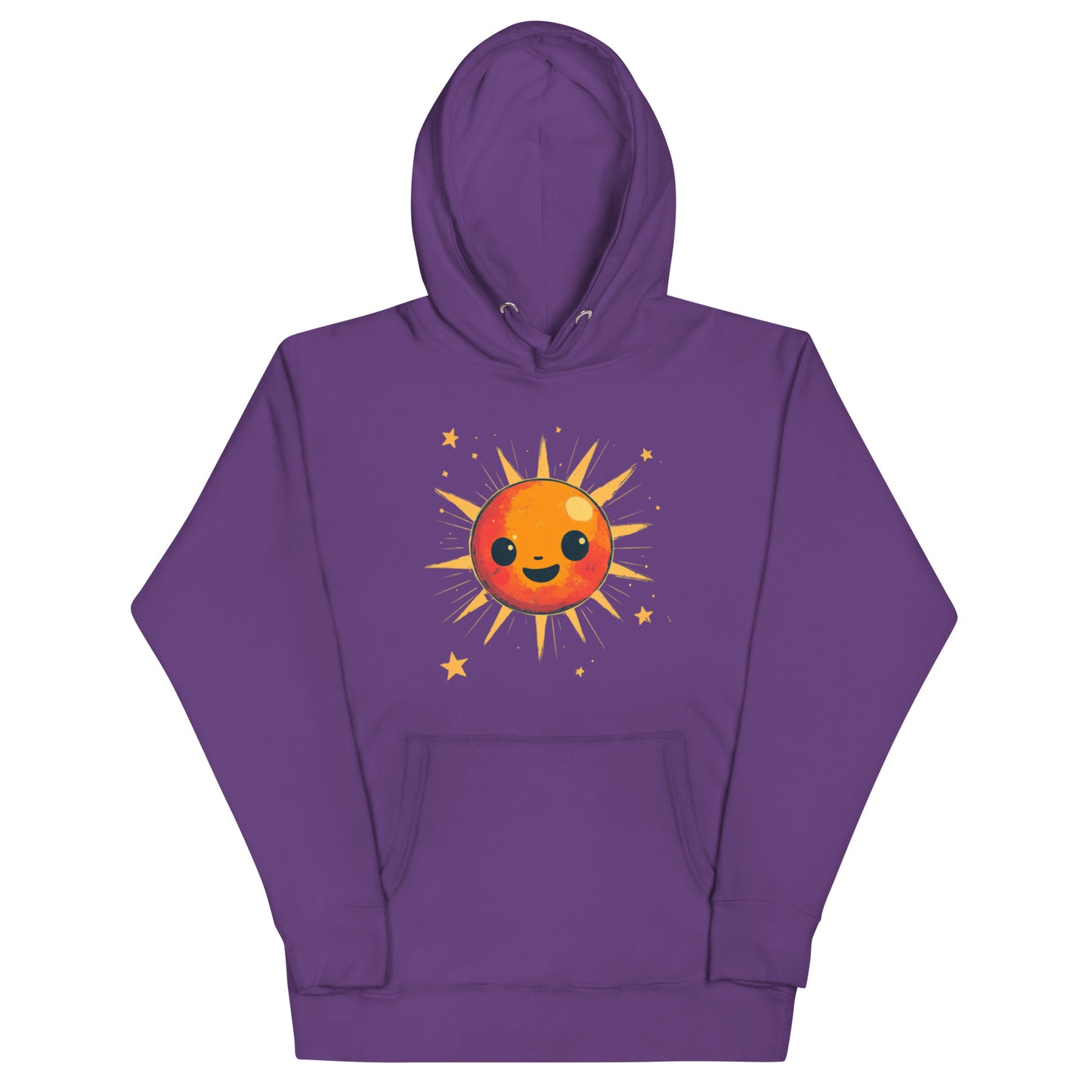 A purple hoodie displaying a playful orange sun with radiant rays and sparkling stars