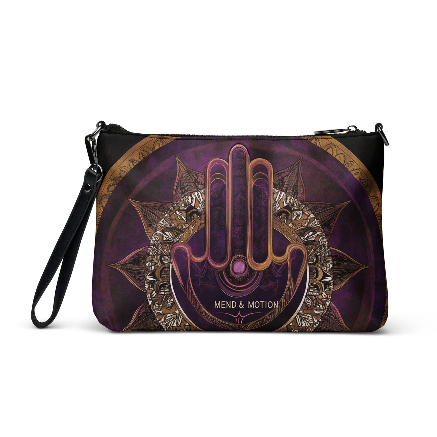 Crossbody bag featuring a detailed purple mandala and hamsa design, perfect for a stylish and spiritual look.