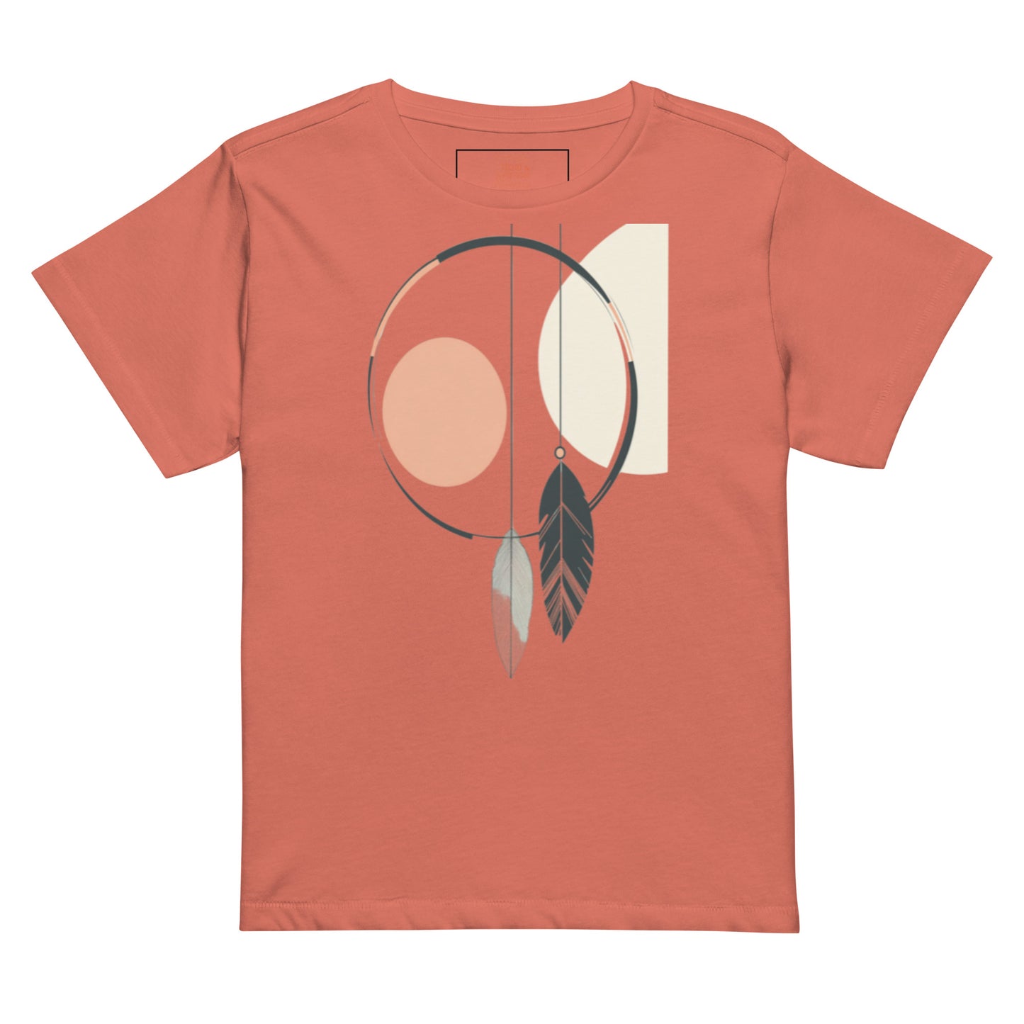 Red sorbet tee featuring a boho dreamcatcher design with pastel accents.