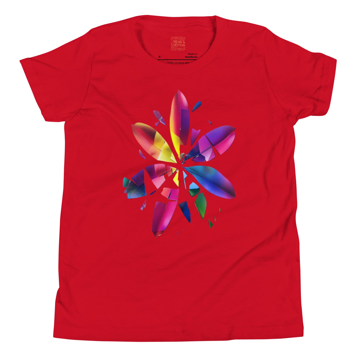 Bright red youth tee with a bold shattered rainbow flower design creating a dynamic, colorful look.