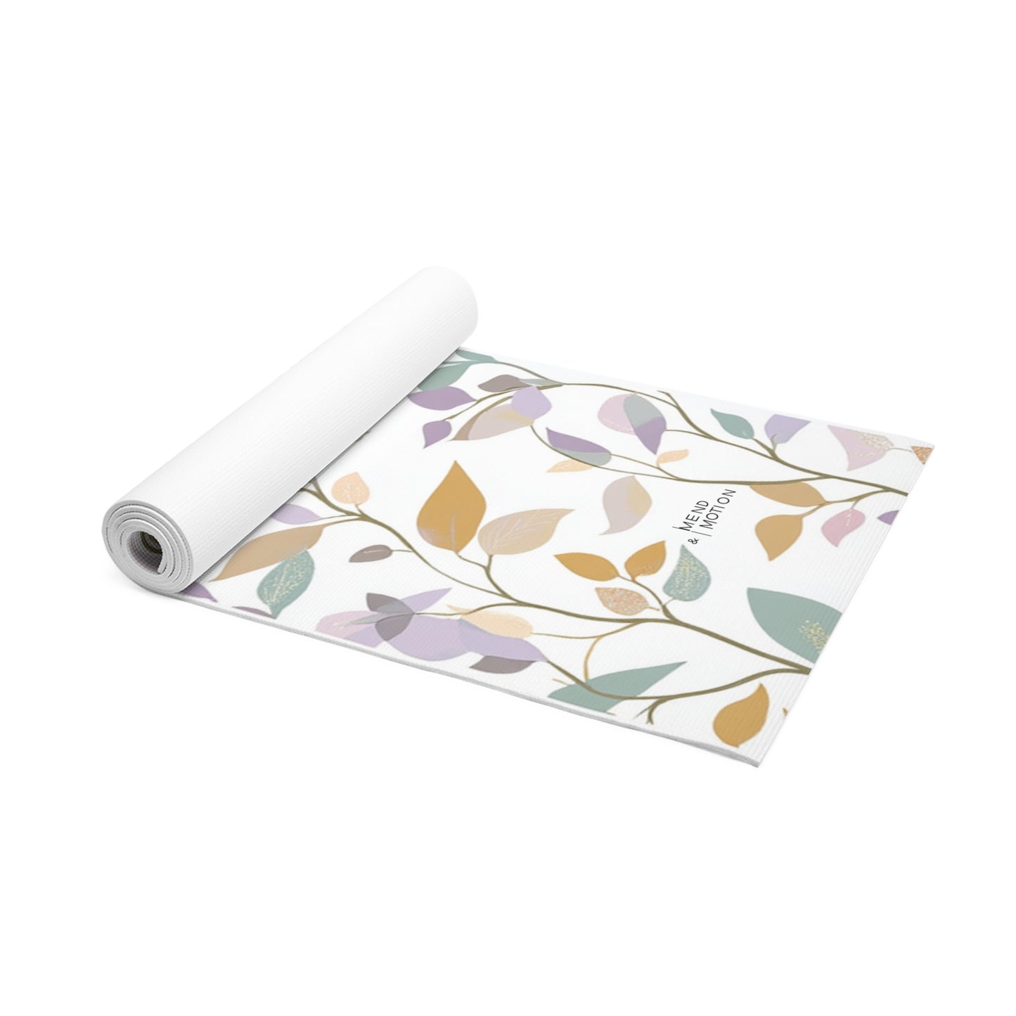 Rolled floral mandala yoga mat showcasing intricate designs in calming pastel hues of blue and orange.