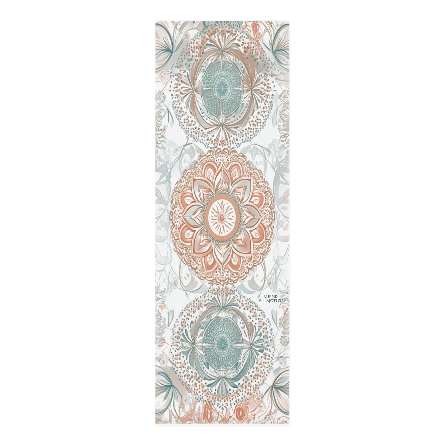 Full view of a yoga mat with intricate mandala patterns in teal and beige tones