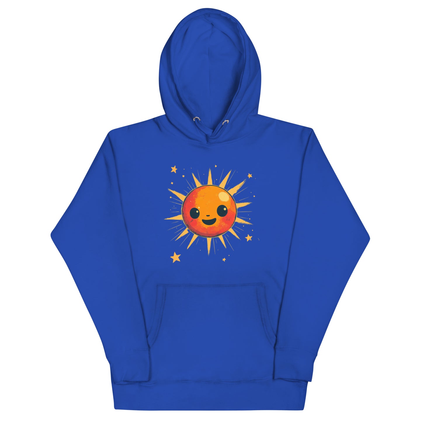 A royal blue hoodie featuring a cheerful orange sun design with golden rays and stars