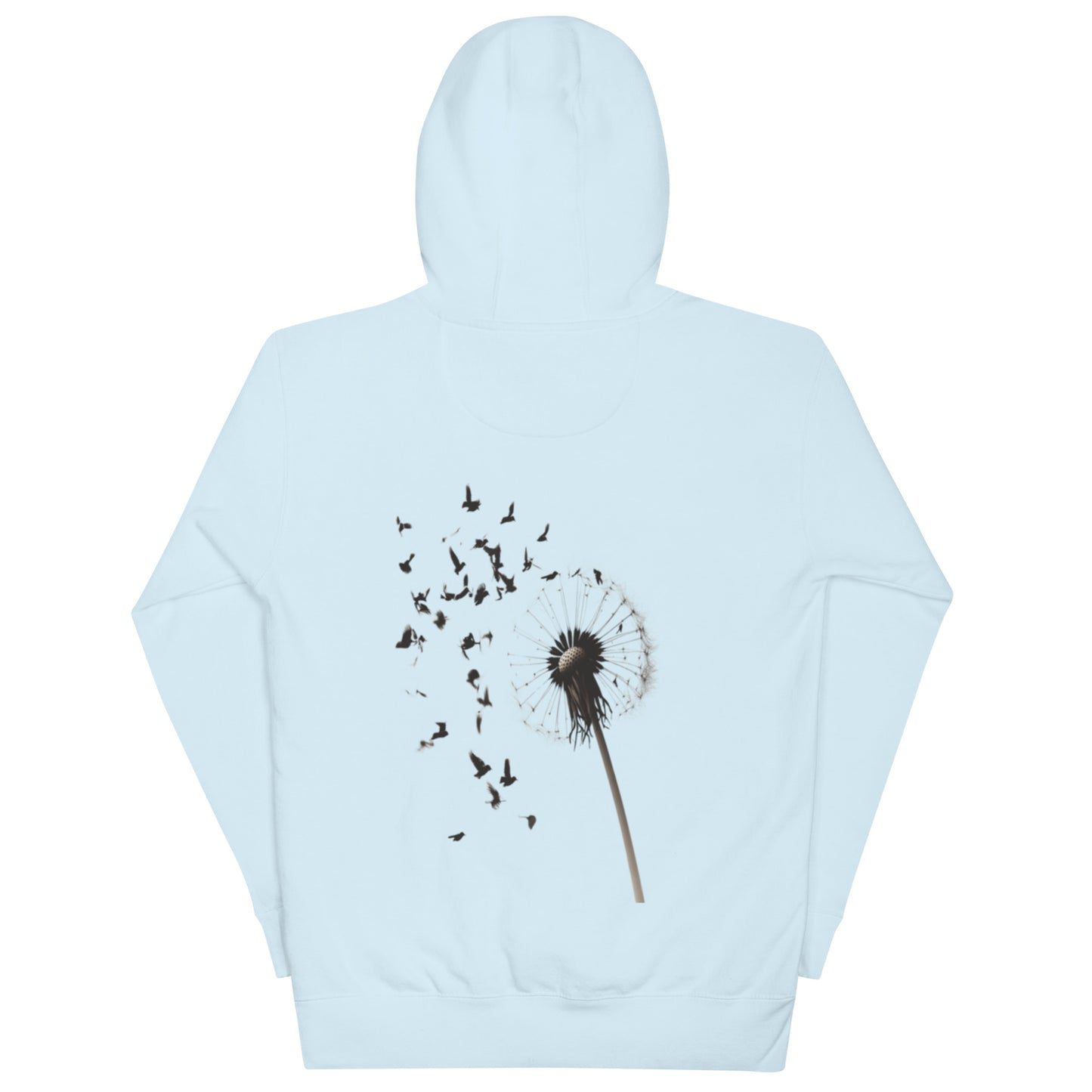 Sky blue hoodie with a detailed black dandelion and flying birds design on the back.