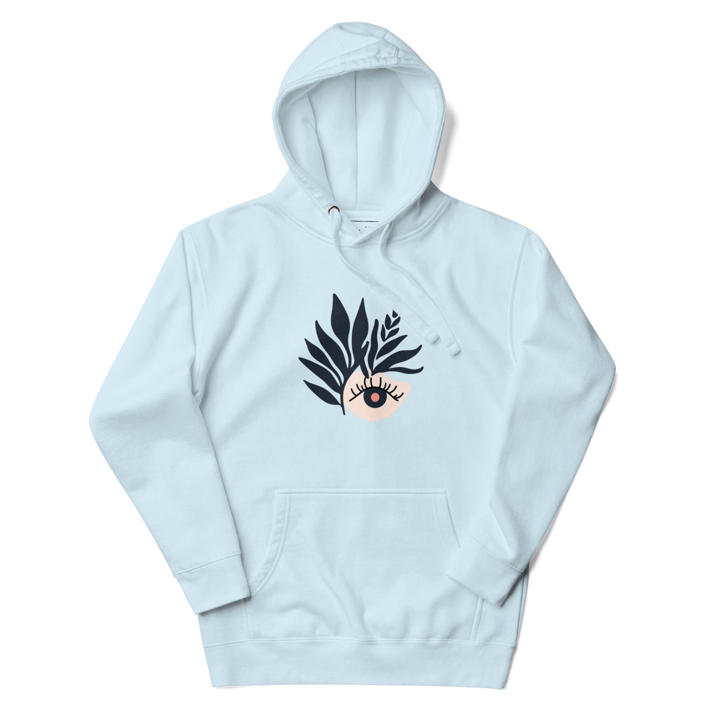 Sky blue hoodie showcasing a botanical black eye design on the chest.
