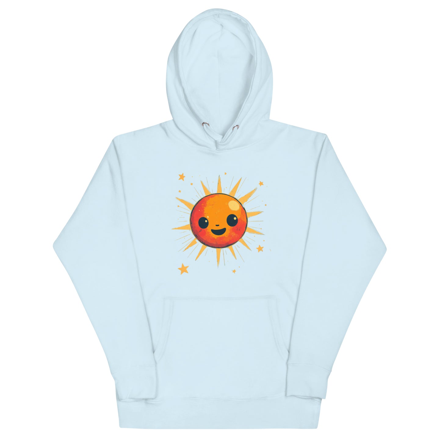 A sky blue hoodie with a smiling orange sun design accompanied by bright rays and stars
