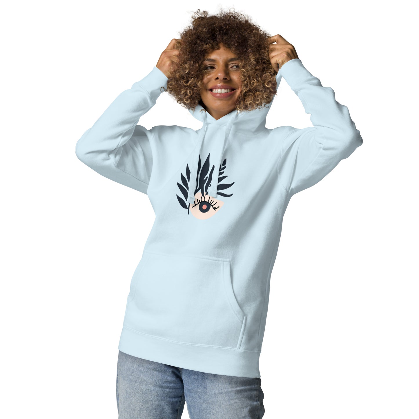 Unisex premium hoodie in sky blue, combining comfort and style for a casual and cozy look