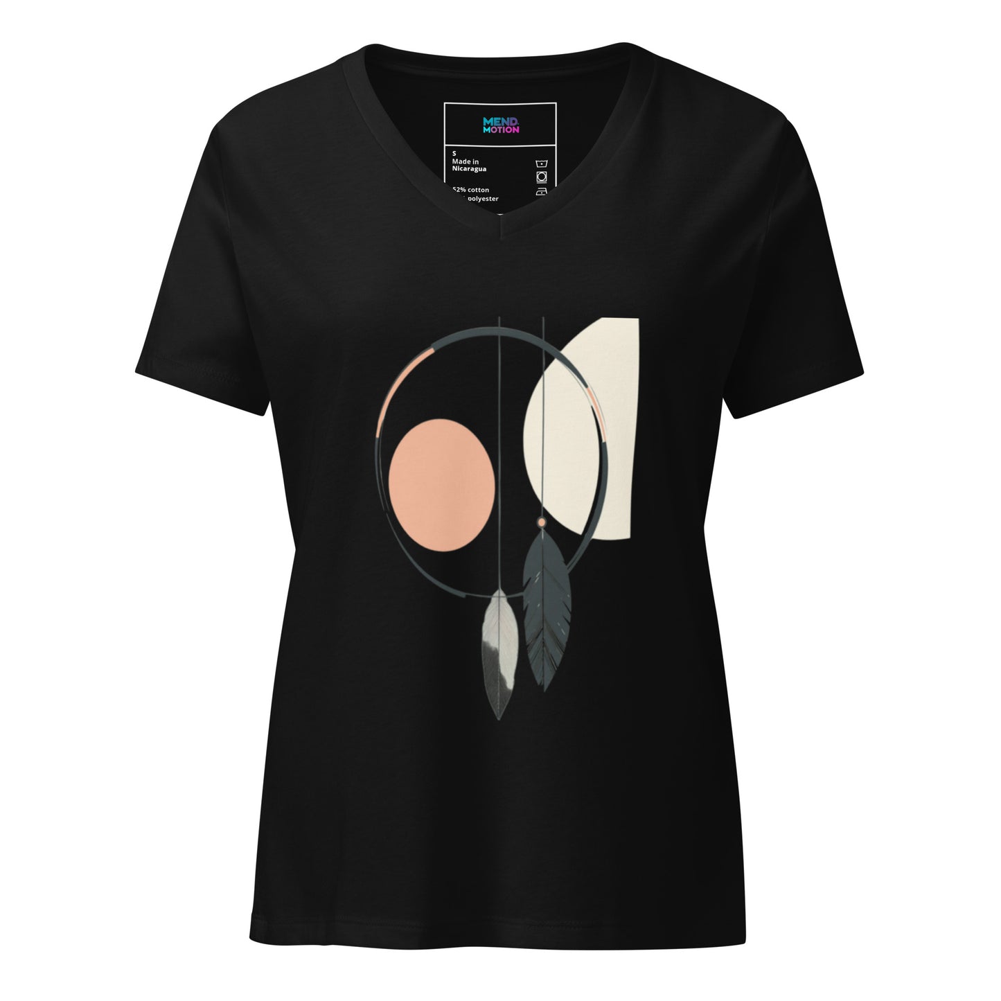 Women's solid black V-neck T-shirt with a sleek, abstract dreamcatcher-themed design