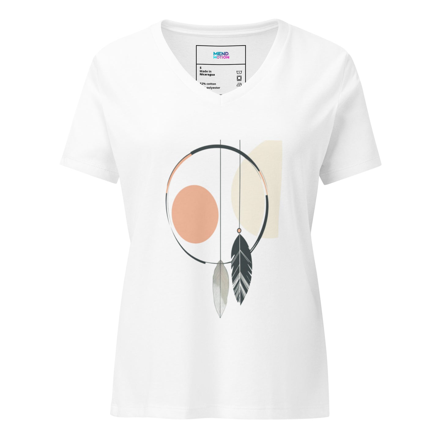 Women's solid white V-neck T-shirt adorned with a soft-toned dreamcatcher abstract design